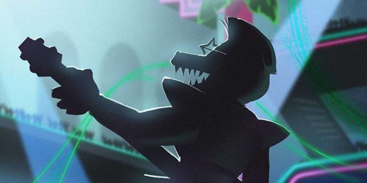 Stylized silhouette illustration of a wolf-like character playing a guitar against a neon-lit abstract blue and purple background
